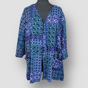 Cuddl Duds Women’s Open Front Cardigan M Blue Teal Geometric Print Pockets 3/4